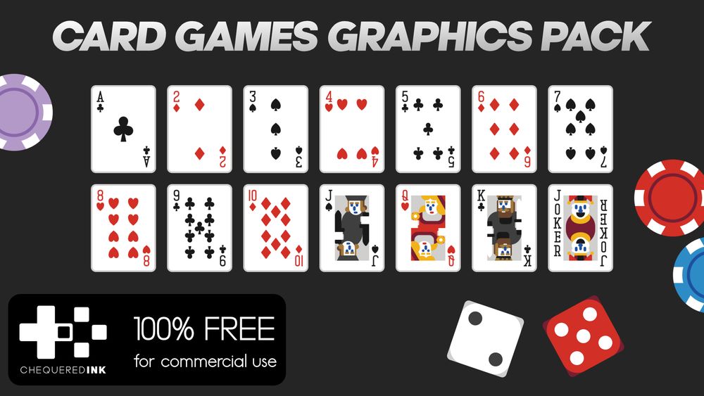 A thumbnail for the card games graphics pack, it shows high resolution PNG images of cards from Ace to King and a Joker, as well as some chips and dice.