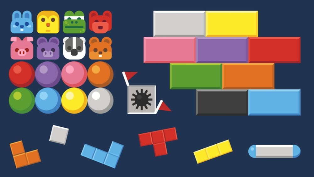 A preview image showing eight animal face sprites: rabbit, owl, frog, fox, pig, bat, badger and squirrel.

Then 8 different coloured balls, several colored polyominoes, a mine sweeper mine with two red flags sticking out of it, and on the right hand side are some blocks and a paddle arranged to look like a block breaking game.