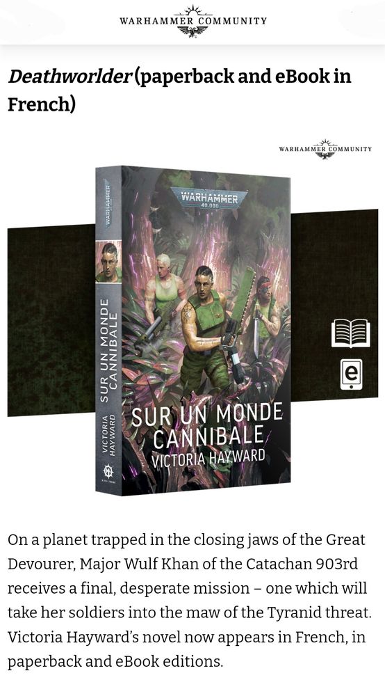 A screengrab of the Warhammer Community preview showing the translated Catachans versus Tyranids book 'Deathworlder' book in French