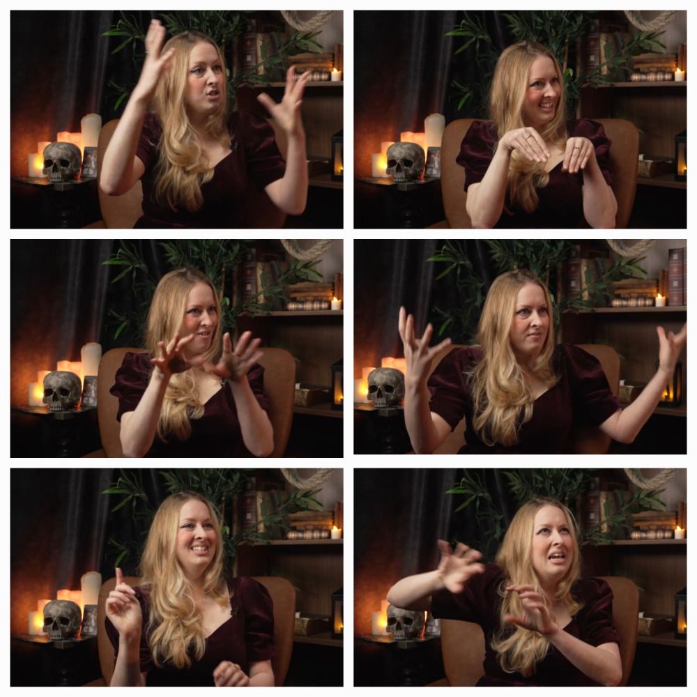 A series of photos of Victoria Hayward gesticulating in the Warhammer TV studio talking about her Black Library book, Deathworlder 