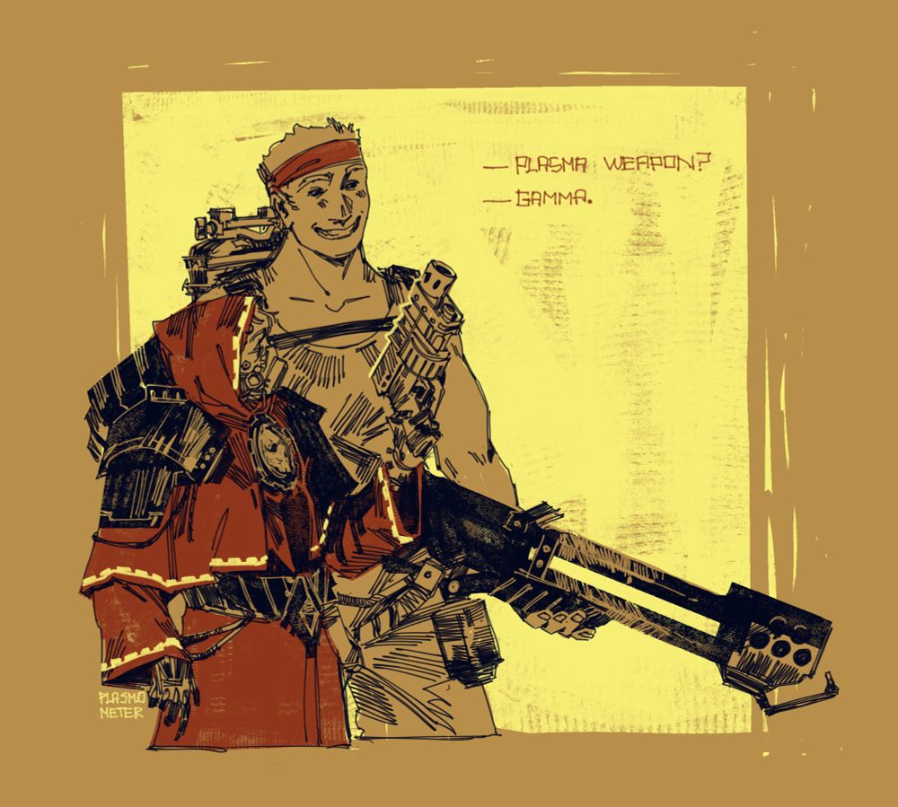 Trooper Adair and Tech-Adept Wrathe inspect each other's weapons. The caption says
- Plasma Weapon?
- Gamma.

