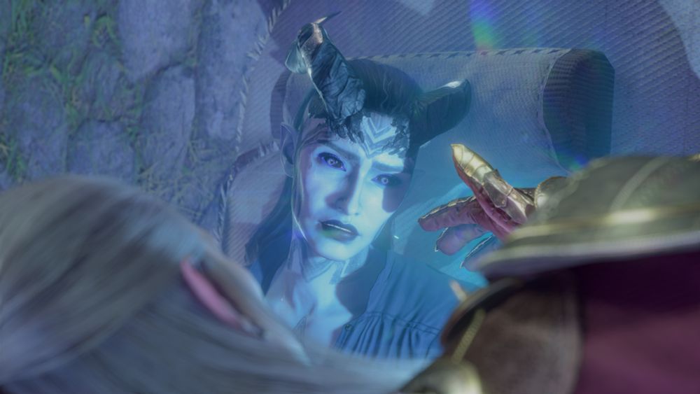 Ombra lying down on a bedroll, shocked at waking up to Elgar'nan in her face and reaching a hand toward her