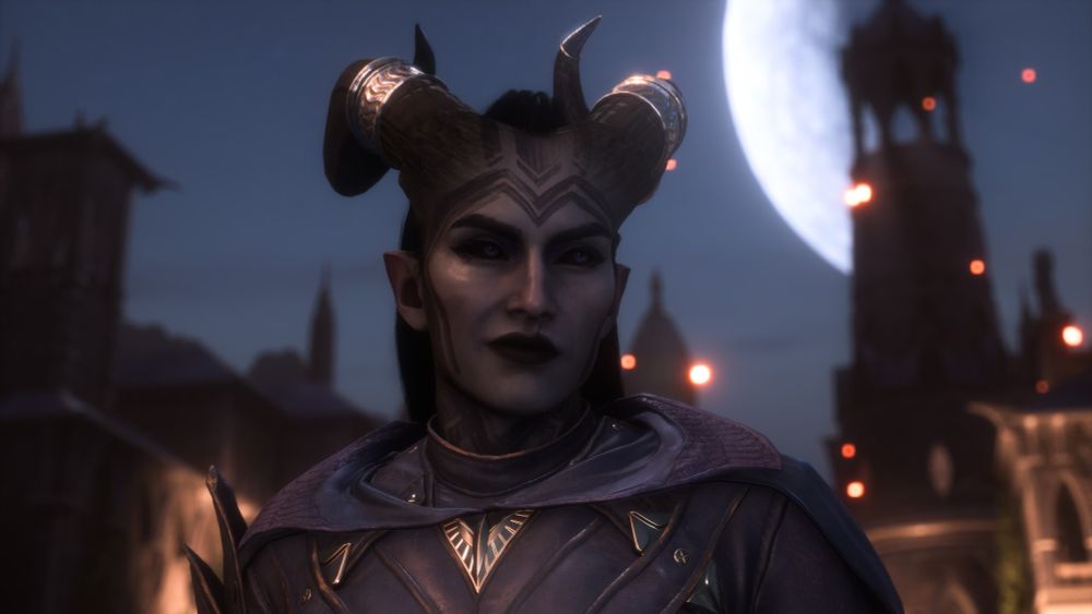 Close-up of Ombra at night, smirking. In the background are some buildings in Treviso and a big moon.