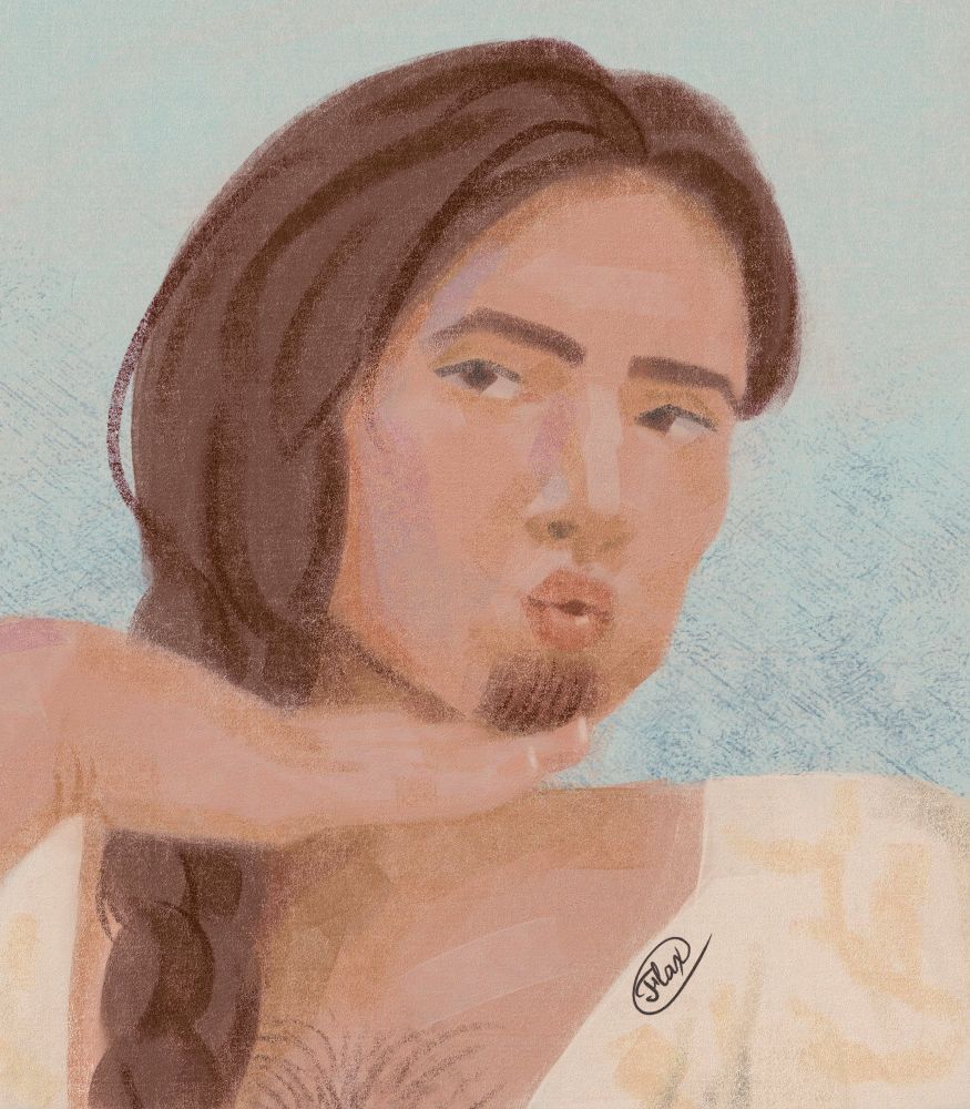 digital portrait of Oliver (a tanned human man with brown eyes, braided brown hair, and a lil not-quite-goatee trimmed beard) posing cuntily