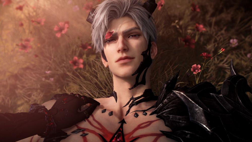 Sylus (Love and Deepspace) in his half-dragon form, lying in a field of flowers and smirking, as seen from MC's POV who is on top of him.