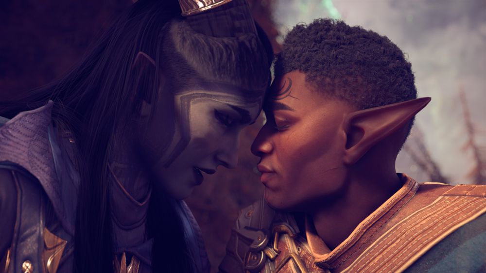 Ombra and Davrin touching foreheads