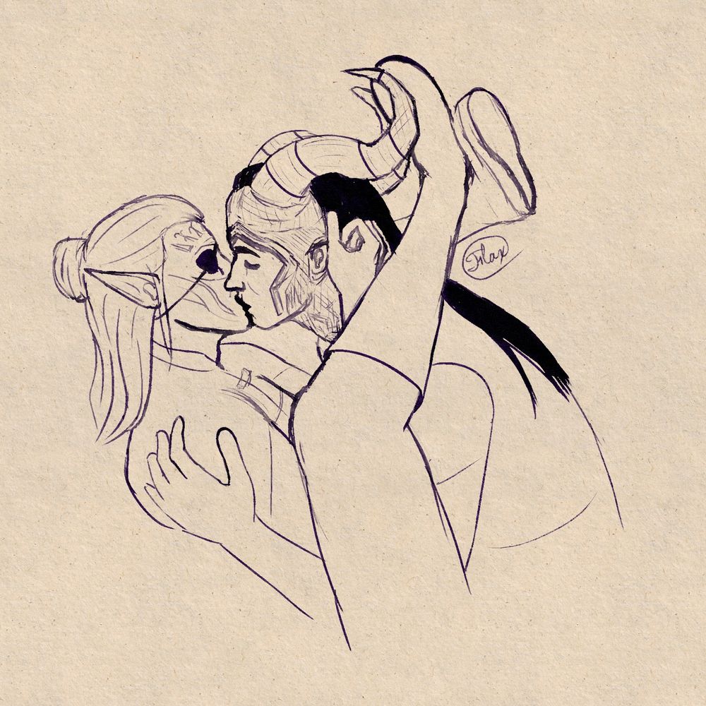 Digital ink sketch of Ombra (a female Qunari with S-shaped horns, long black hair, and face paint) kissing Thegan (a male elf with medium-length hair partially put up in a bun, an eyepatch, and Andruil's vallaslin). Thegan is folded in half and has his legs draped around Ombra's upper body.