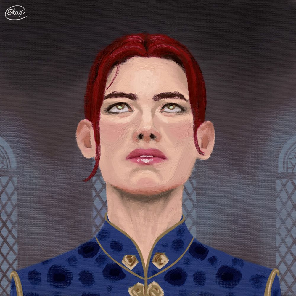 Digital portrait of Cecilia "Ilia" Trevelyan, a white human woman with dark red hair put up in a bun and hazel eyes. She is looking up, the green glow of the Breach reflecting in her eyes, with lips slightly parted. She is well lit, as if standing on the balcony, with the Inquisitor's Skyhold bedroom seen in the background behind her. She is wearing blue robes with gold details.