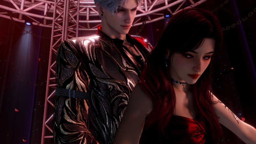 Sylus and MC (Love and Deepspace) dancing on stage in the new card, except it's framed kinda like she's getting backshots. He's smirking, and she's looking to the side as if she's about to turn around.