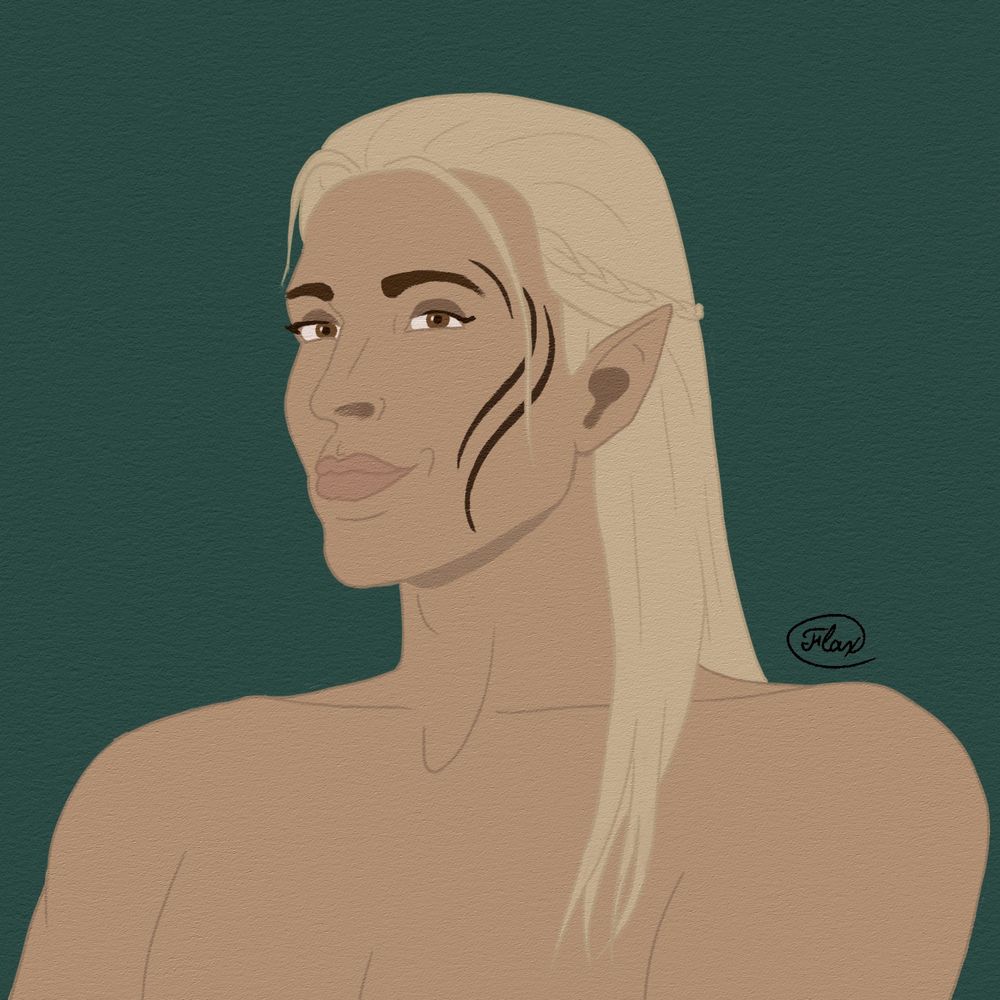 Flat-color digital drawing of Zevran Arainai. He's shown shoulder-up from a 3/4 point of view, shirtless and smirking.
