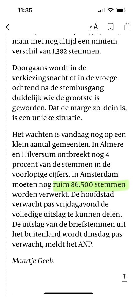 Screenshot at Vk nieuwsfeed: “In Amsterdam moeten nog 86.000 stemmen worden verwerkt. De hoofdstad verwacht pas vrijdagavond de volledige uitslag te kunnen delen.”