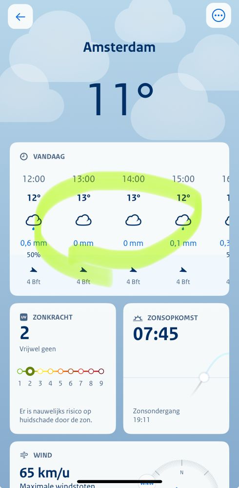 Screenshot KNMI weerapp die aangeeft dat het in Amsterdam niet zal regenen tussen één en drie uur en daarna ook nog heel weinig