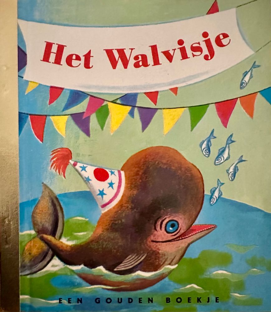 Je ziet een klein schattig walvisje op de voorkant van het gouden boekje met leuke kleuren. Het walvisje kijk blij is klein en schattig, heeft een puntmuts op en krijgt visjes toegeworpen en er zijn vlaggetjes. Het geheel speelt zich wel af in een dolfinarium. Dat is de reden dat ik er een nieuw verhaal aan heb gebreid.
