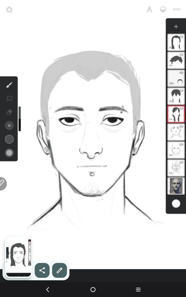 Dibujo en digital: busto de frente de un hombre rapado.