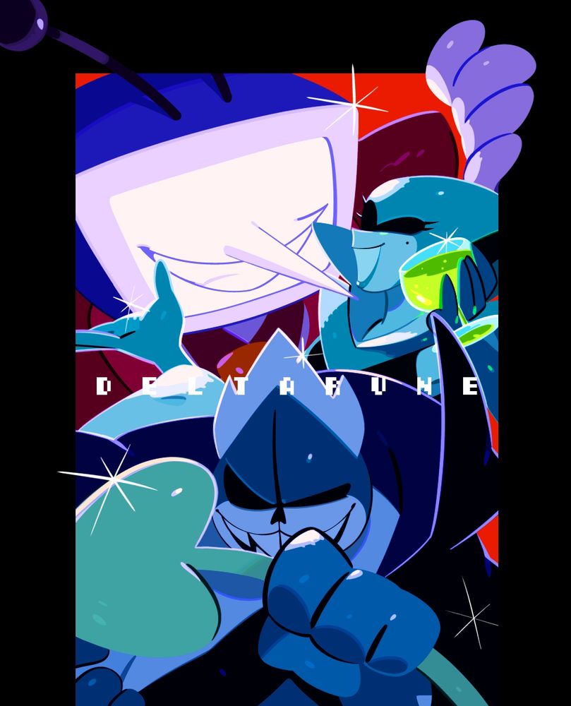 Fan art of Deltarune.
At the bottom of the illustration is King, holding up a chain and wearing an evil grin.
In the center of the screen is Queen, shaking a glass and smiling defiantly while crossing her legs.
At the top of the screen is Tenna, resting her hands on the edge of the illustration and looking at the viewer.