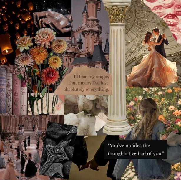 A collage of many different things all together: flowers, floating lanterns, two people dancing, a castle, a sword, books, a blonde woman holding flowers, two people touching each other's hands, two statues about to kiss