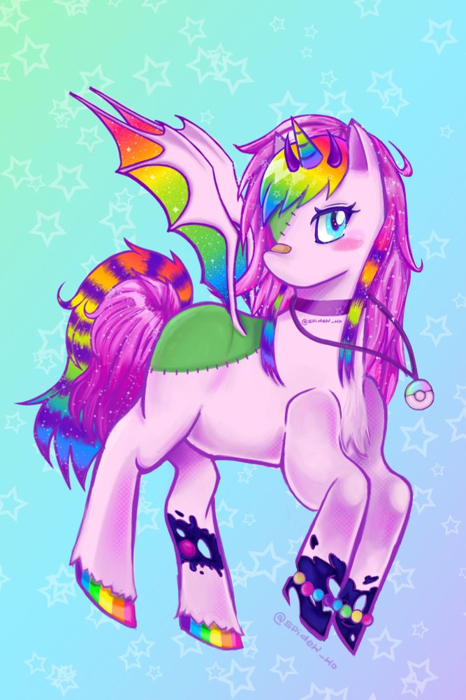 Character for artfight. Scene pegasus/unicorn with pink skin, half zombie and rainbow striked ponytail and hair.