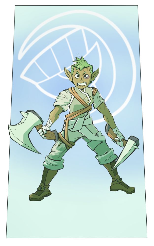 A Dungeons and Dragons PC, Rissa. She's a very angry wood elf, with weapons in her hand.