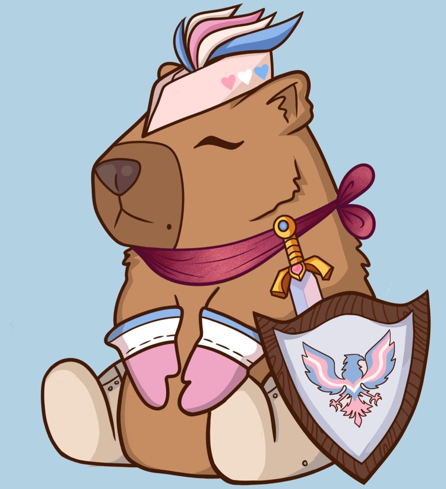 Art of a capybara knight with trans colours 