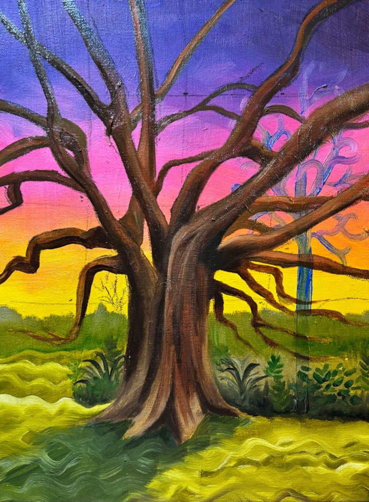 A partly finished oil painting of a tree against a colorful background 