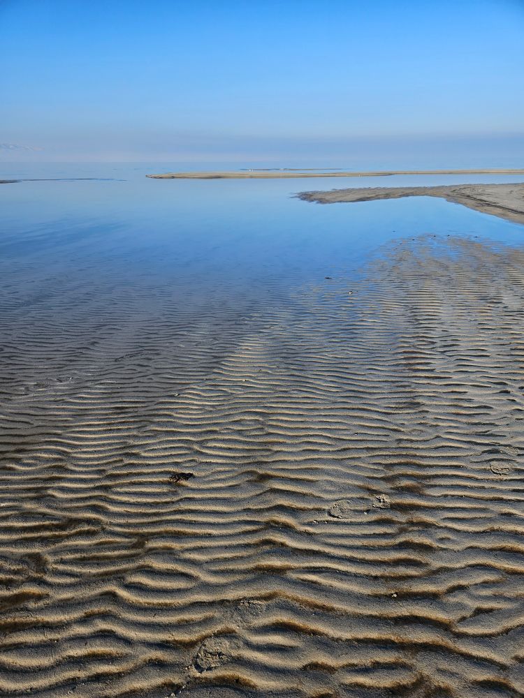 Shallows of the GSL, south side, taken in fall.

The sand is formed into ripples as it extends out to meet the water. The shallow water movement creates strong ripple patterns in many beaches of the lake. The ripples here almost look like a wood pattern as they bend around each other, occasionally merging or splitting. Halfway out the field of view, the water becomes deep enough to reflect the sky and is a bright blue. A small haze of clouds is on the horizon. 