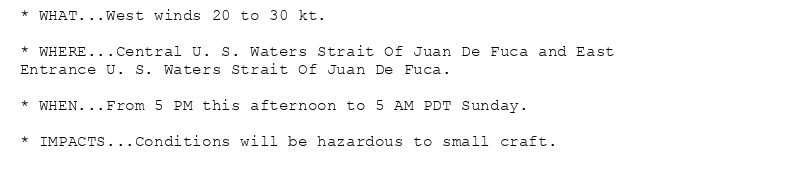 * WHAT...West winds 20 to 30 kt.

* WHERE...Central U. S. Waters Strait Of Juan De Fuca and East
Entrance U. S. Waters Strait Of Juan De Fuca.

* WHEN...From 5 PM this afternoon to 5 AM PDT Sunday.

* IMPACTS...Conditions will be hazardous to small craft.