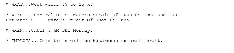 * WHAT...West winds 15 to 25 kt.

* WHERE...Central U. S. Waters Strait Of Juan De Fuca and East
Entrance U. S. Waters Strait Of Juan De Fuca.

* WHEN...Until 5 AM PDT Monday.

* IMPACTS...Conditions will be hazardous to small craft.