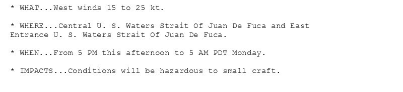 * WHAT...West winds 15 to 25 kt.

* WHERE...Central U. S. Waters Strait Of Juan De Fuca and East
Entrance U. S. Waters Strait Of Juan De Fuca.

* WHEN...From 5 PM this afternoon to 5 AM PDT Monday.

* IMPACTS...Conditions will be hazardous to small craft.