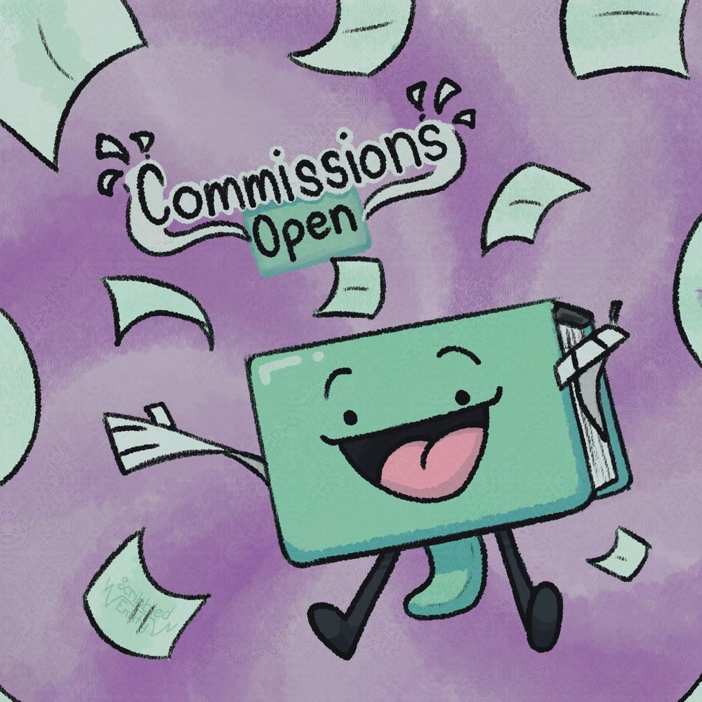 Refillable Notebook oc smiling with paper all around with the words "Commissions Open" on top.