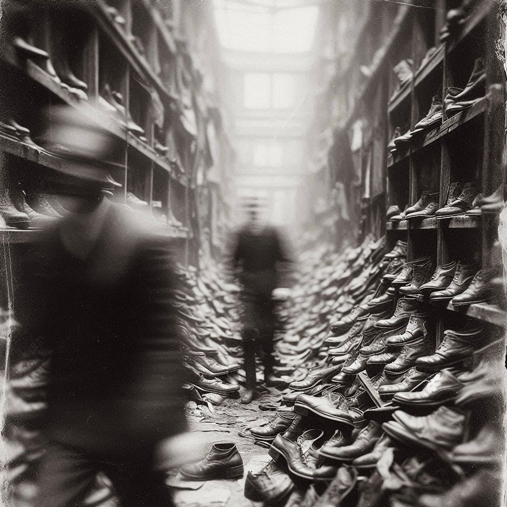 A vintage, blurred photograph capturing the interior of a shoe store with a wider perspective. The floor is strewn with shoes, and shelves on either side are filled with an array of footwear. Two indistinct figures are seen walking through the aisle, their motion creating a dynamic and somewhat chaotic atmosphere, emphasizing the bustling nature of the shop. The lighting is soft and diffused, contributing to the nostalgic feel of the image.