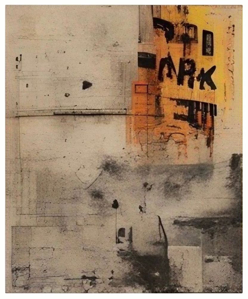 An abstract composition characterized by a textured background predominantly in shades of warm gray and black, creating a sense of depth and complexity through subtle variations in tone and texture. A vibrant orange area in the upper right section stands out, contrasting sharply with the darker hues, while the word "PARK" is prominently displayed in bold black letters against this orange backdrop. The lower part of the piece features a mix of shapes and lines, some appearing more defined and others softer and more diffuse.
