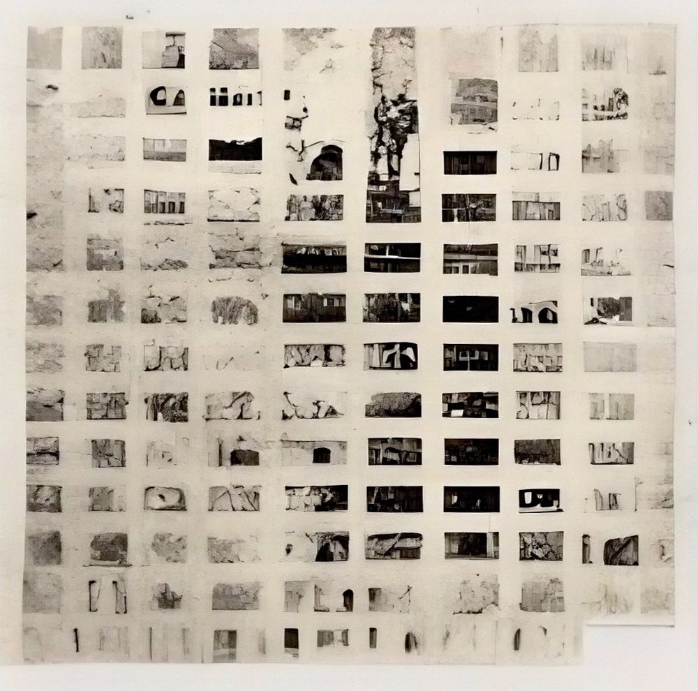 A black and white contact sheet displaying a grid of 36 small rectangular images. Each image showcases a variety of textures, including rough, weathered surfaces with visible cracks and peeling revealing layers beneath. Some images suggest architectural elements such as doorways and windows, while others capture natural forms like tree bark and stone, highlighting organic patterns and irregularities. The layout is organized in rows and columns, with clear, visible borders around each image, creating a structured presentation.