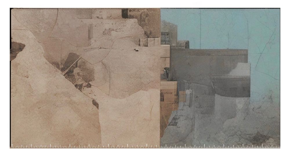 The left panel features a textured blend of soft earth tones and muted blues, suggesting a dynamic water body, such as a river or lake. The layered appearance and geometric shapes evoke the presence of sediment and varying water depths.