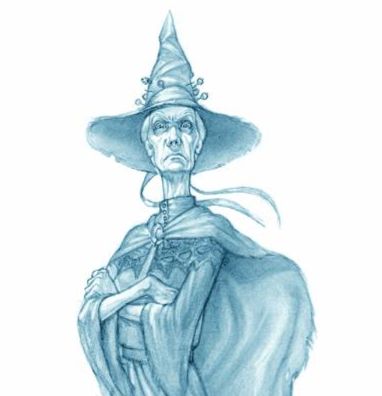 A blue pencil drawing by Paul Kidby of Terry Pratchett's Granny Weatherwax. She is an old, thin witch in a pointed hat with pins sticking out of it, a billowing cloak, and dress with long sleeves. Her arms are crossed over her chest and she is looking imperiously at the viewer.