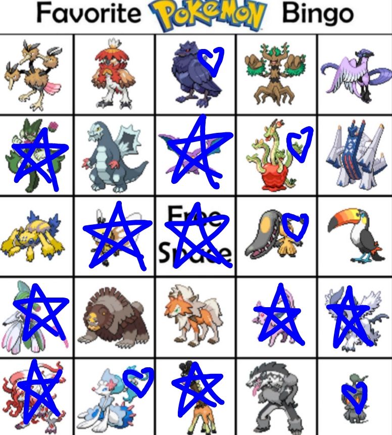 some of the spaces have stars. the ones i like but i can't really say are favorites still get little hearts. i should've put trevenant too tbh