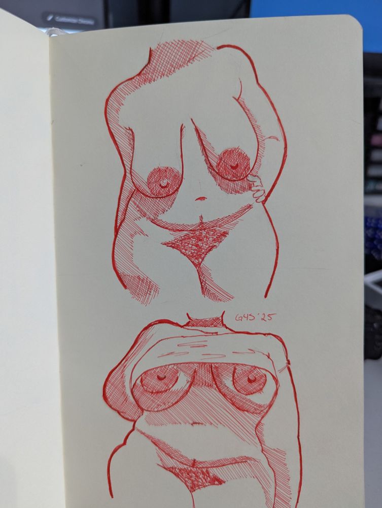 Pen and ink drawings of Mauve, one drawing of her being fully nude with the other being semi-nude. The drawings are based on images that were posted on the Bsky account. 