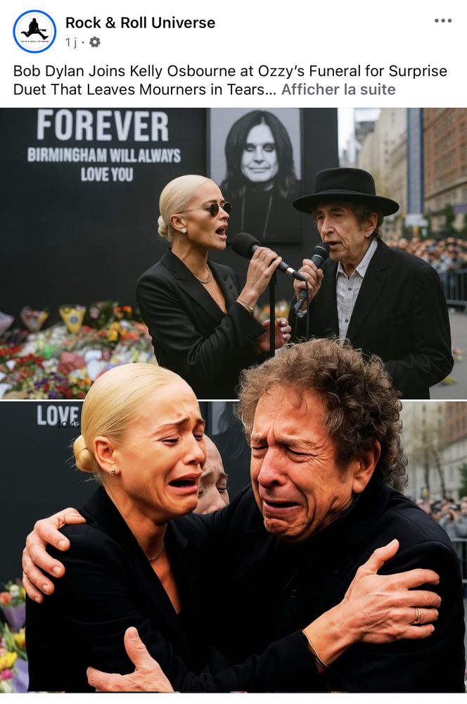 A Facebook post about Ozzy Osbourne’s funeral where AI Bob Dylan sings with Kelly Osbourne and then cries with her.