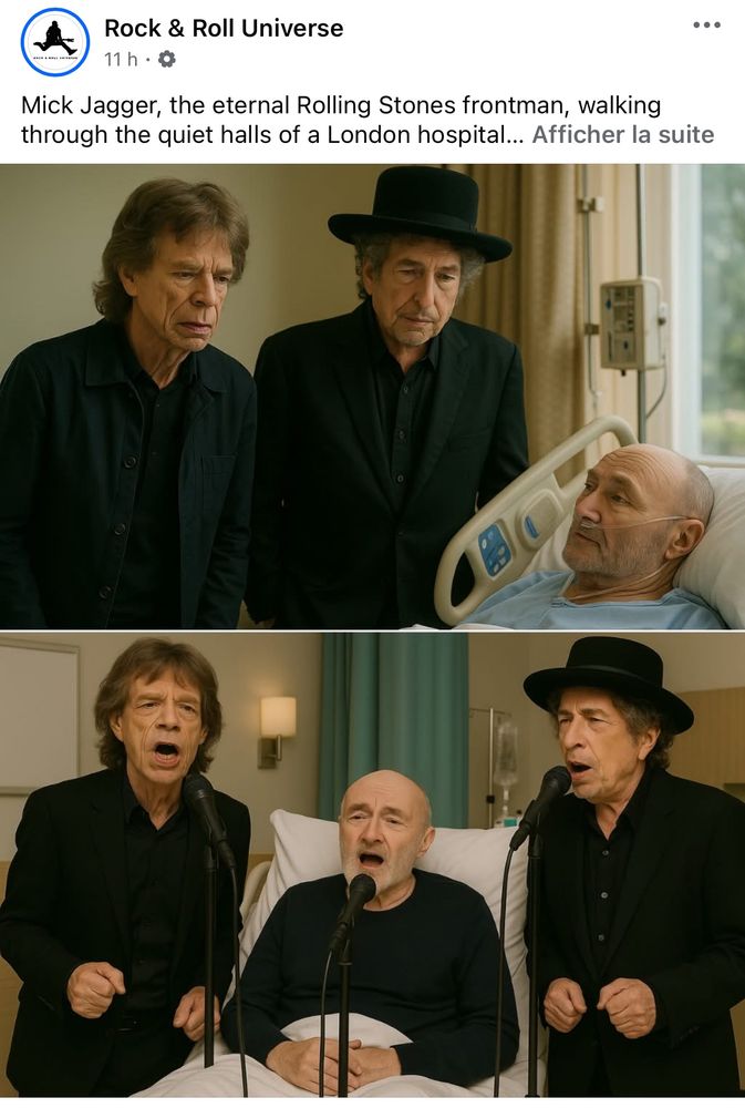 A Facebook post of Rock & Roll Universe featuring AI photos of Mick Jagger and Bob Dylan visiting Phil Collins in the hospital, then all three are singing in the next photo.