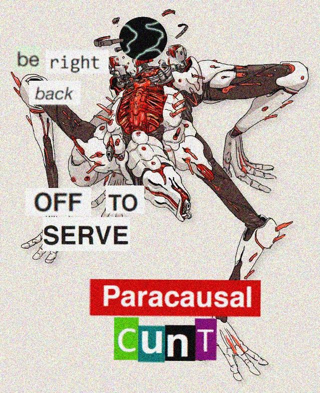 The image features an image of the Pegasus mech frame from the table-top roleplaying game called Lancer by Massif Press. It also has the text "Be right back. Off to serve Paracausal Cunt!"