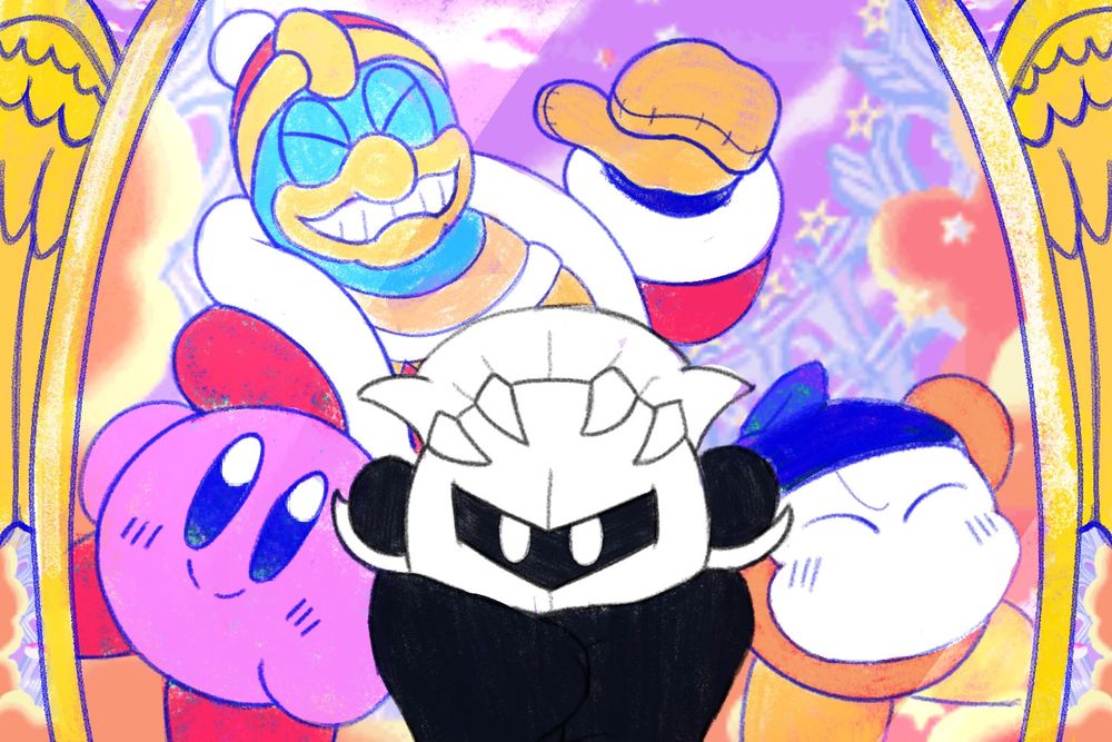 Kirby, King Dedede, Meta Knight, and Bandana Waddle Dee stand before the Dimension Mirror, posing. Kirby leans towards Meta Knight while smiling. King Dedede smiles and gives a thumbs-up. Meta Knight is colorless and stands still. Bandana Waddle Dee smiles with his eyes and raises his hand. The art is a reference to Omori.