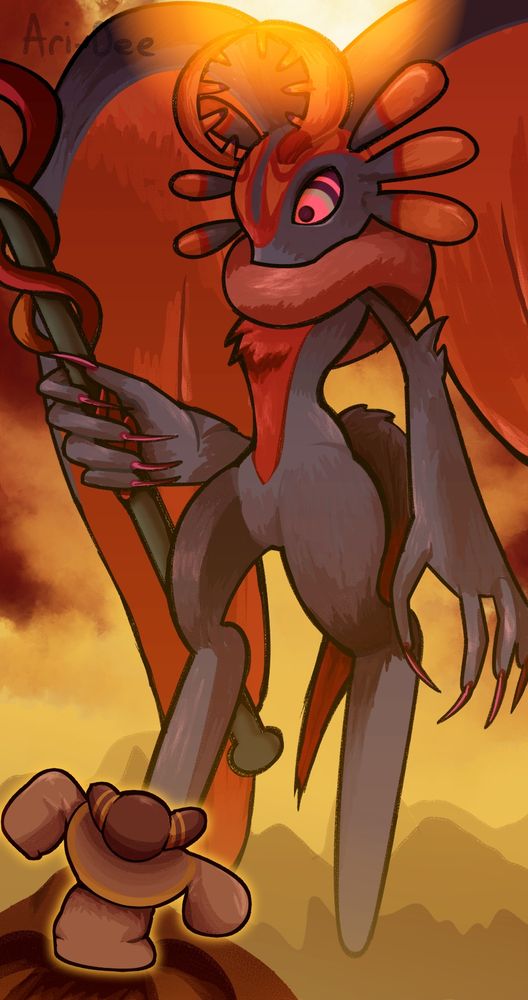 Fecto Elfilis stares down at Hyness, who's at a cliffside praying to them.