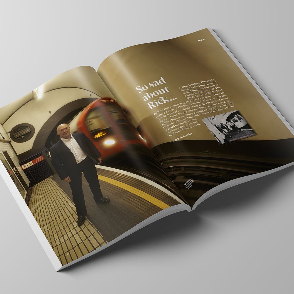 Magazine spread with an image of Rick Buckler in a tube station and the headline 'So sad about Rick...'