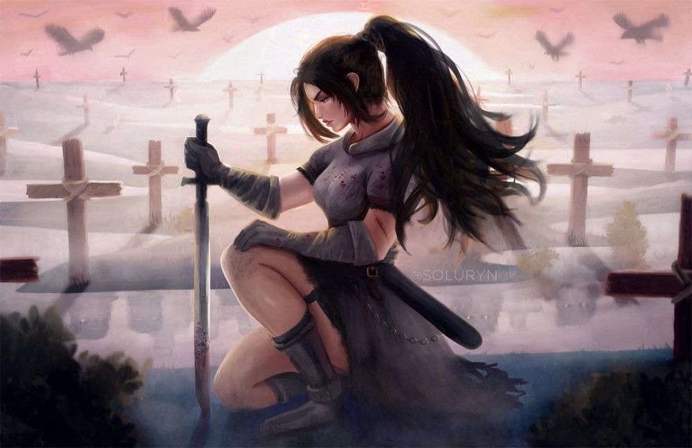Painting of a knight kneeling in a graveyard. She holds a bloodied sword