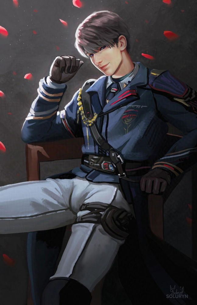 Painting of Caleb from Love and Deep Space. He is reclining in a chair with a smirk on his face. Red rose petals drift in the air behind him #bySoluryn