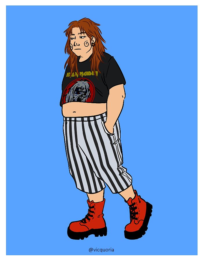 fanart: choji akimichi wearing an iron maiden croptop and red combat boots