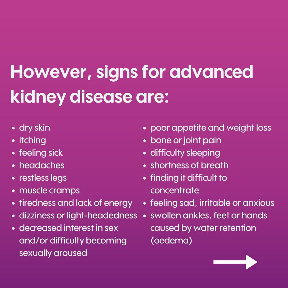 Fuchsia and purple ombré background with the wording 'However, signs for advanced kidney disease are:' and lists 16 bullet points including dry skin, itching, muscle cramps, shortness of breath and bone or joint pain. An arrow sits at the bottom of the page.