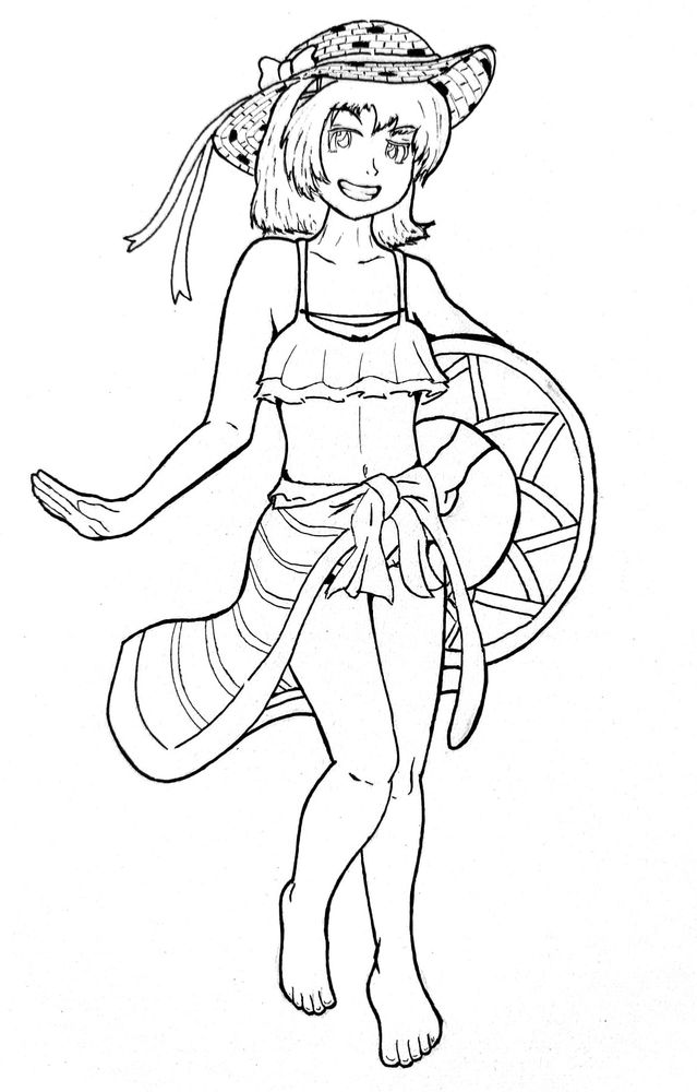 Yatsuhashi Tsukumo from Touhou Project, wearing a frilled bikini, a towel wrapped around her waist and a hat. She's also carrying a donut-shaped floater