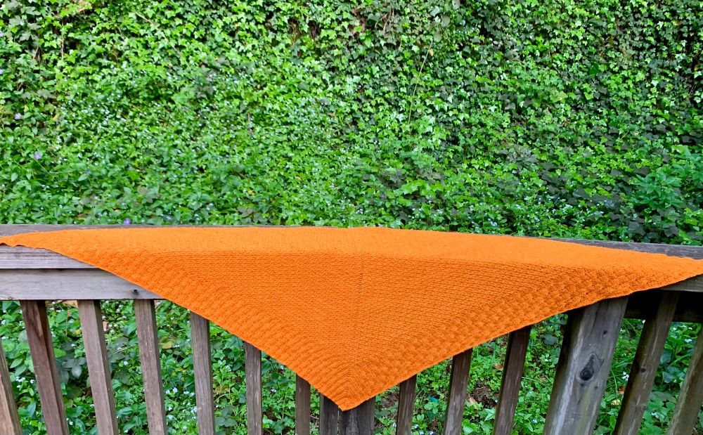 Orange hand knit triangular shawl on a wooden fence and forest in the background. Made with Dream Bean Yarn from Lolabean Yarn Company