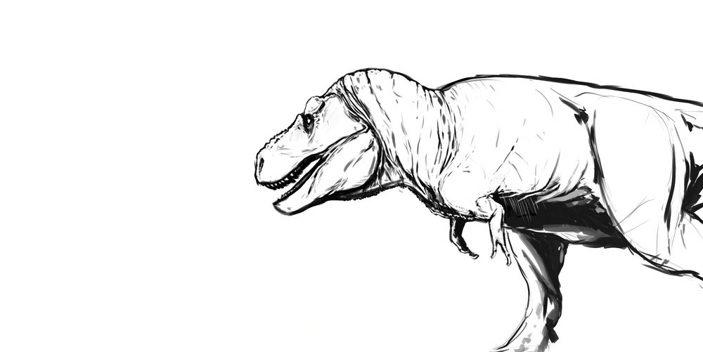 A rough black and white sketch of a Tyrannosaurus rex walking from the right to the left. The tail and parts of its left leg are out of frame and it appears to be looking partially away from the viewer, at something in the distance.