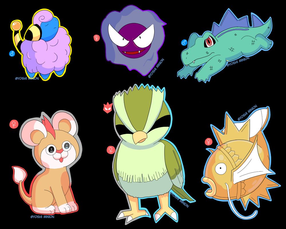 A collection of Shiny Pokemon. From top left to right: Mareep, Gastly, Totodile, Litleo, Alpha Pidgey and Magikarp.
